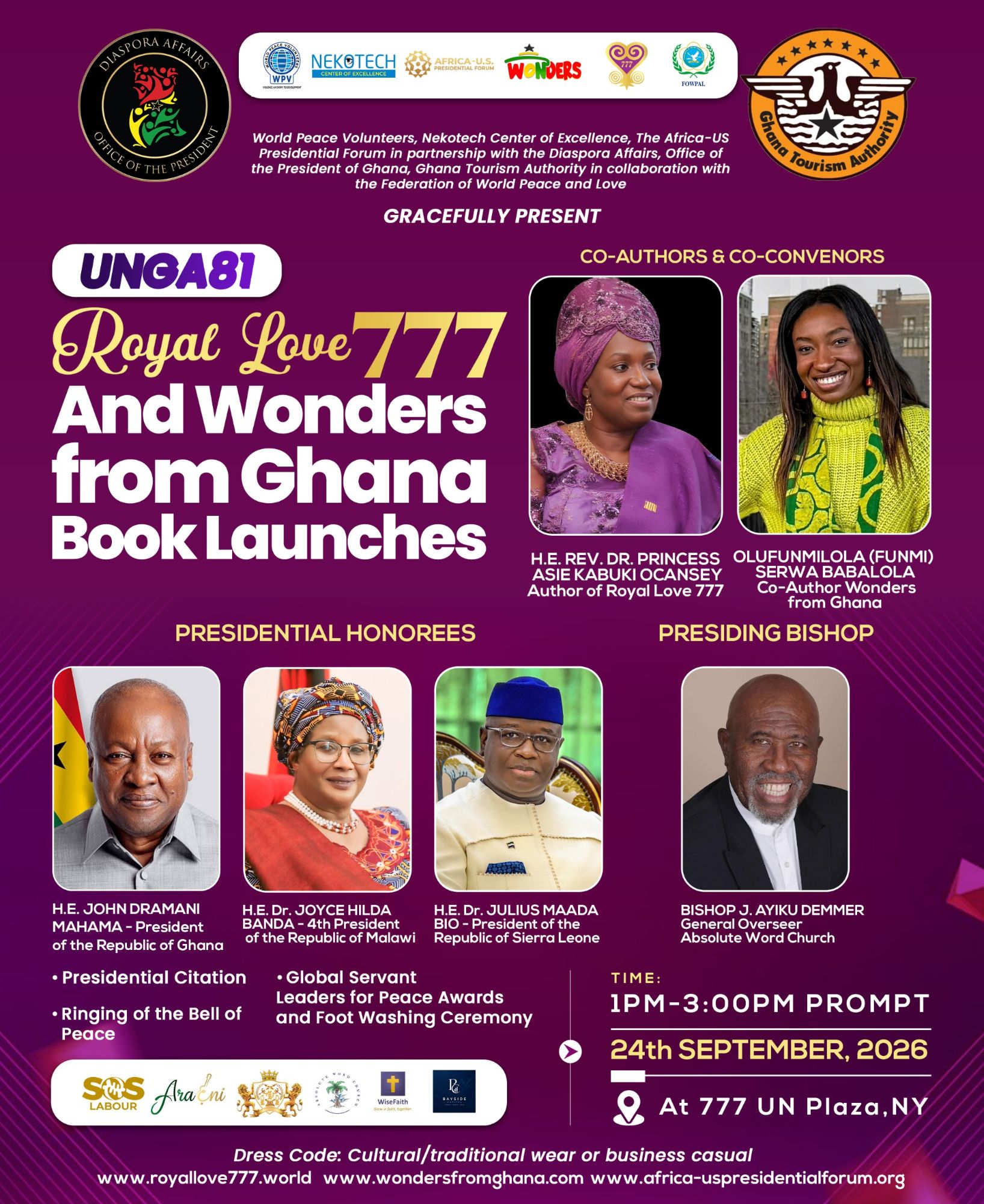 Event flyer: Royal Love 777 and Wonders from Ghana Book Launches at UNGA81, with the co-authors, presidential honorees and presiding bishop — 24 September 2026, 1–3 PM, 777 UN Plaza, New York